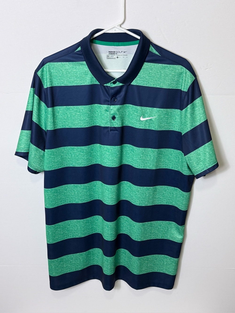 Nike Men's Green & Navy Wide-Stripe Golf Polo